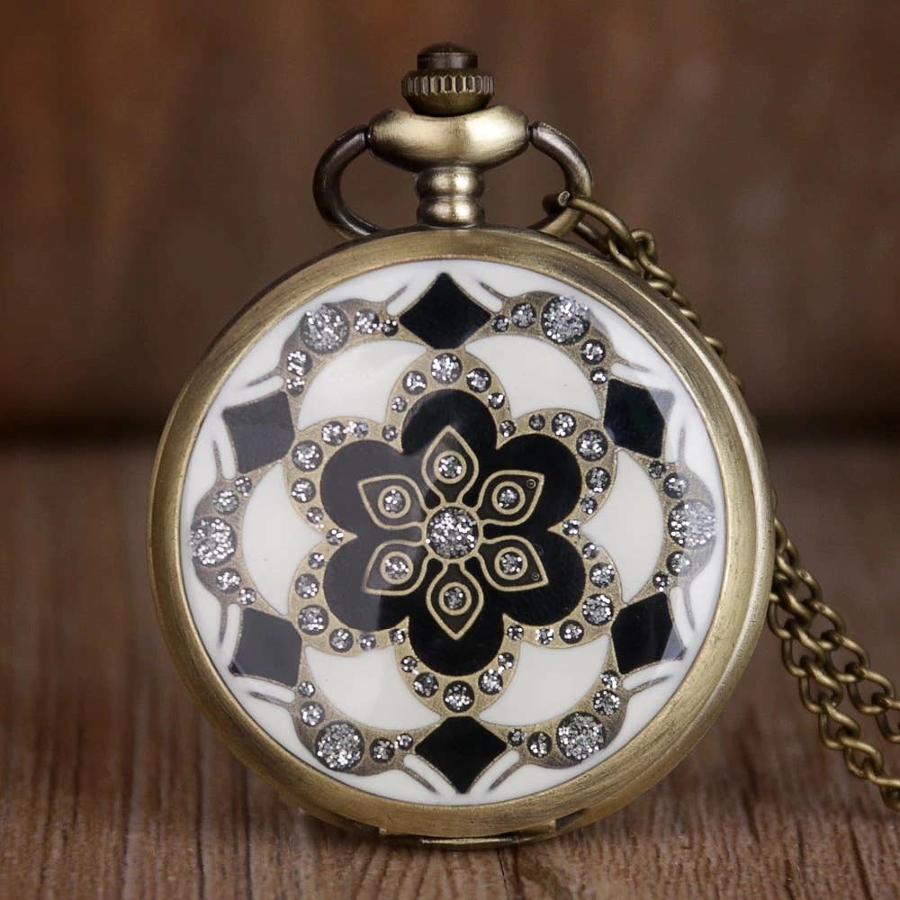 Black & White NEW Pendant Pocket Watch Enamel & Crystal Floral Pattern
